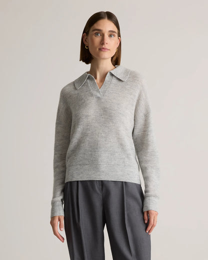 Baby Alpaca-Wool Waffle Stitch Polo Sweater - XS / Ivory