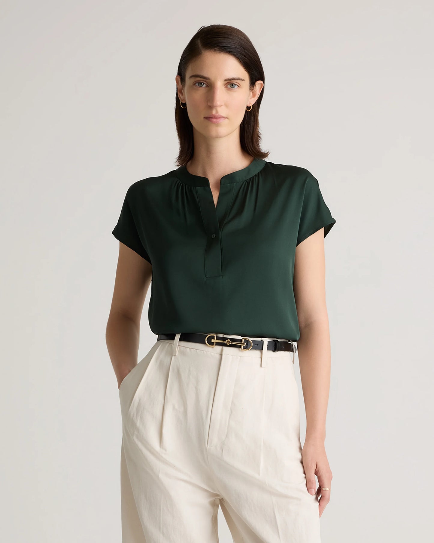 Washable Stretch Silk Dolman Sleeve Blouse - XS / Forest Green