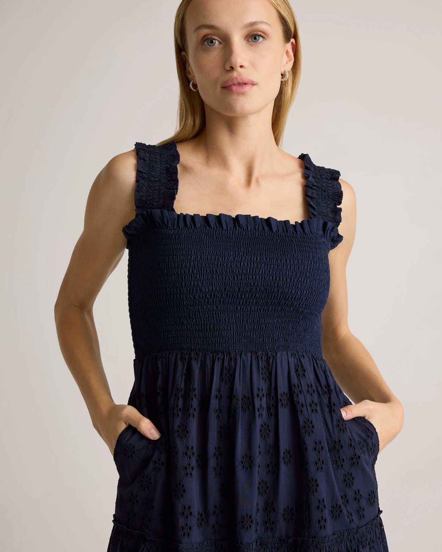 100% Organic Cotton Eyelet Smocked Midi Dress - XS / White