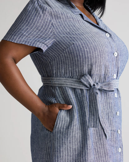 100% European Linen Button Front Dress - 1X / Blue Pinstripe