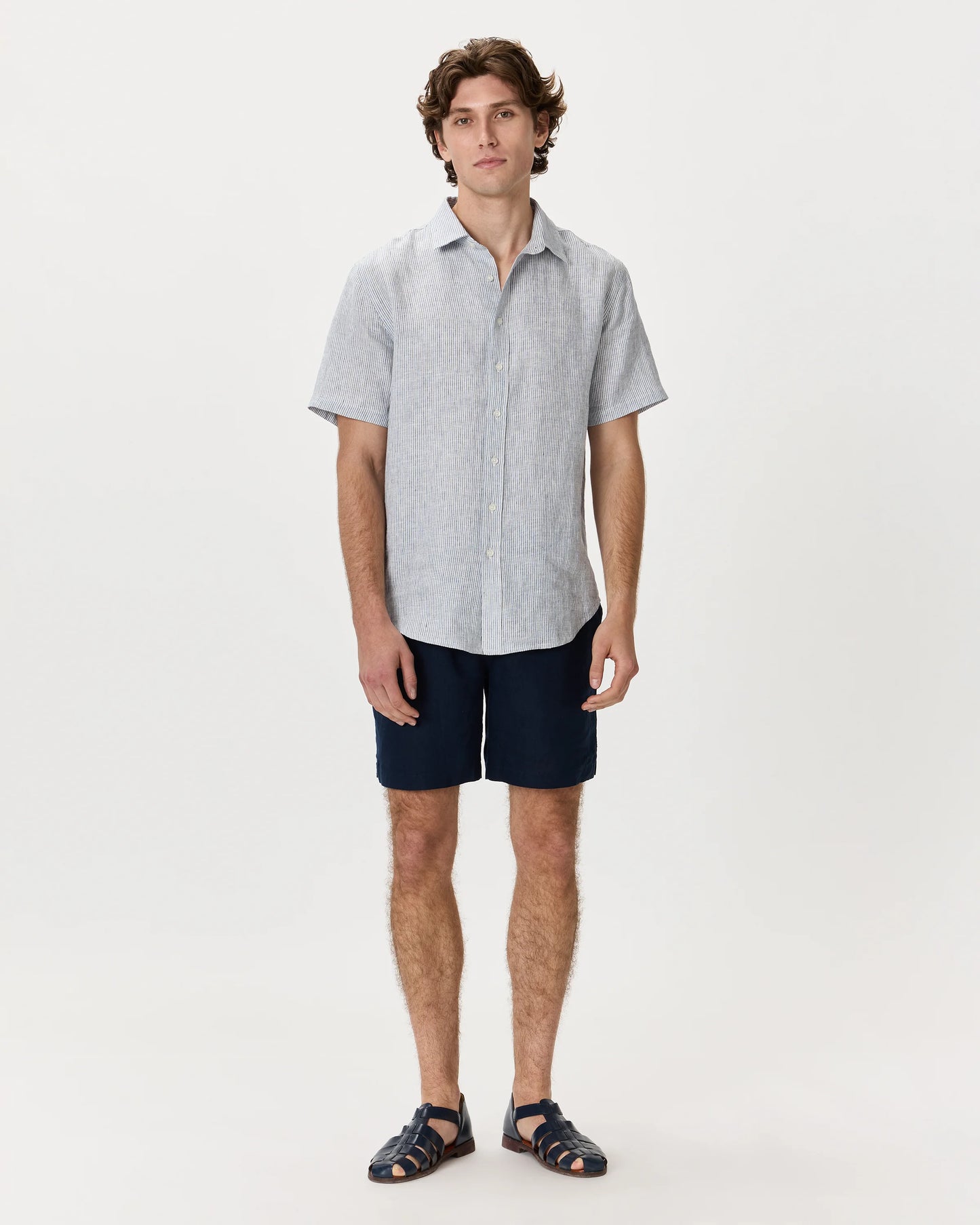 100% European Linen Relaxed Short Sleeve Shirt - XS / Taupe Brown Chambray
