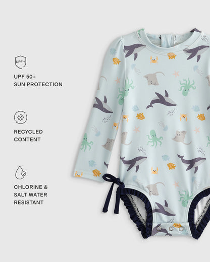 Long Sleeve Tie One-Piece Swimsuit - 0-3M / Soft Ditsy Floral