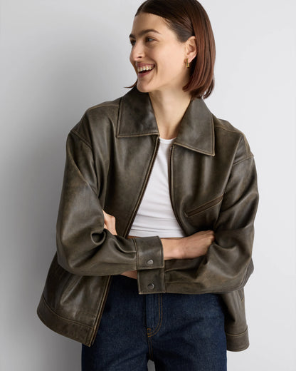 100% Leather Oversized Bomber Jacket - XS / Rich Brown