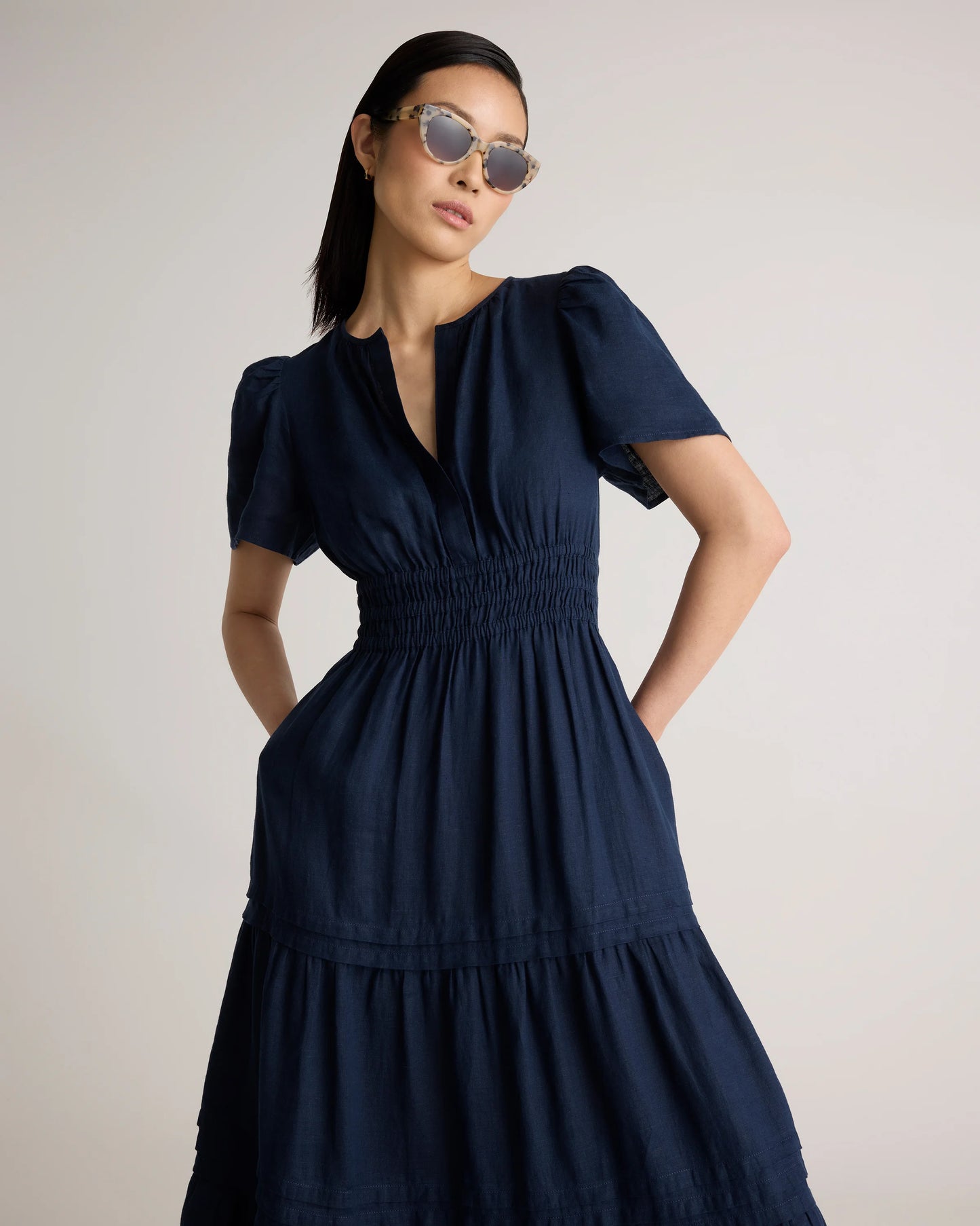 100% European Linen Tiered Maxi Dress - XS / Ivory Porcelain Blue Petite Floral
