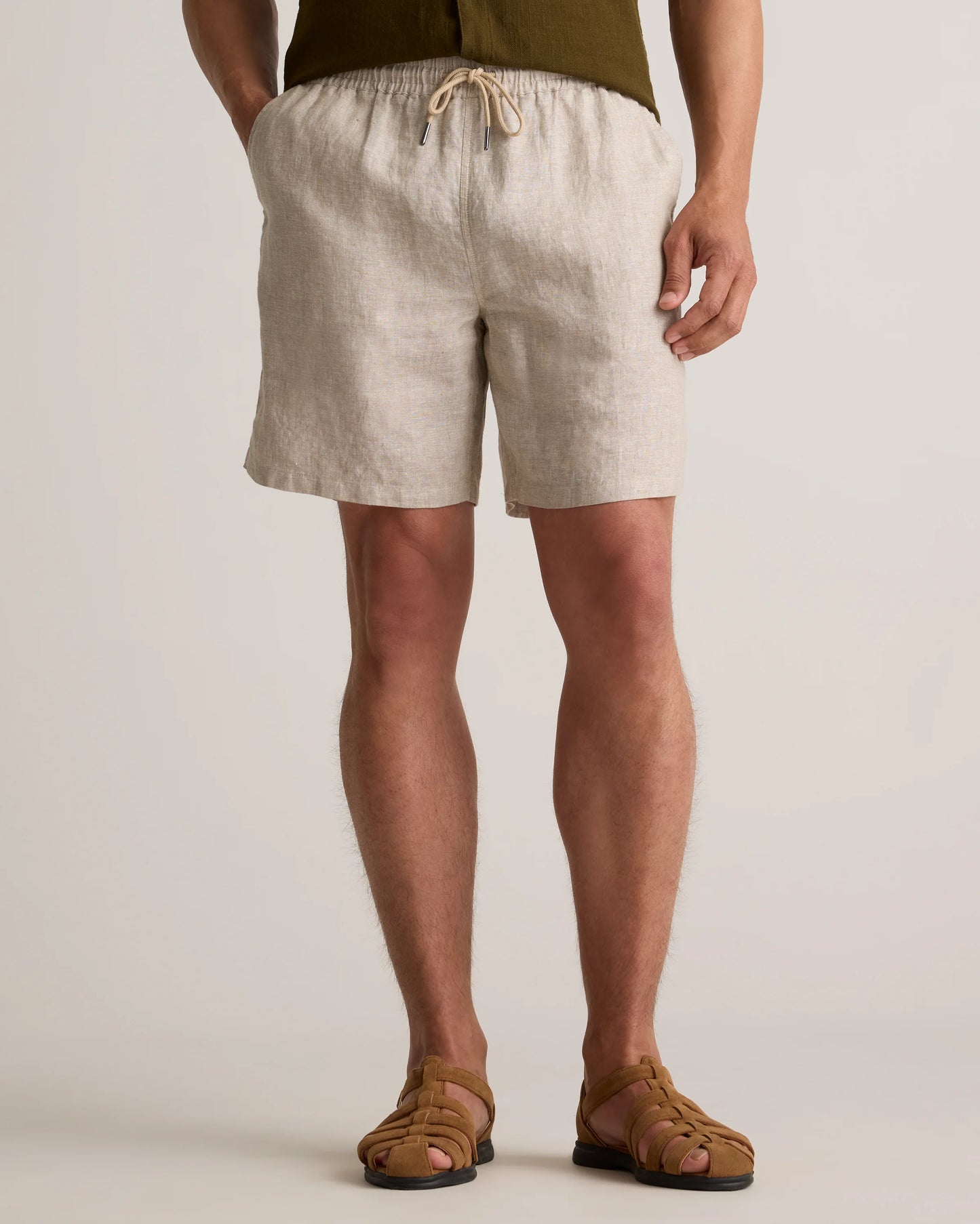 100% European Linen Drawstring Beach Shorts - 7" - XS / Taupe Brown Chambray