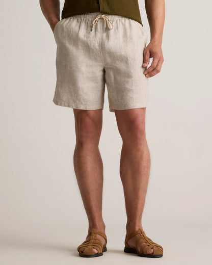 100% European Linen Drawstring Beach Shorts - 7" - XS / Taupe Brown Chambray
