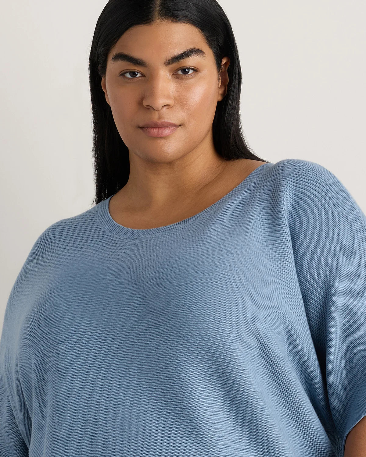 Lightweight Cotton Cashmere Link-Stitch Dolman Sweater - 1X / Orchid Blue Mini Stripe