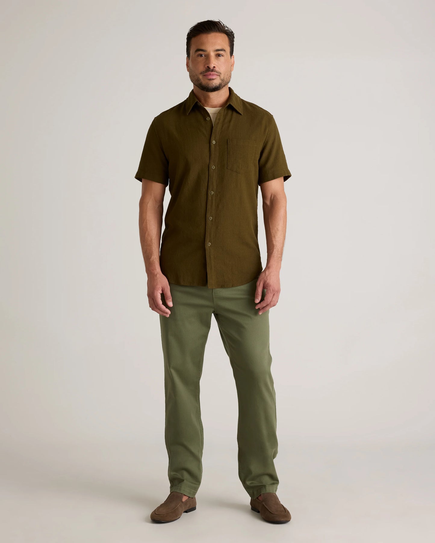 Organic Cotton Stretch Selvage Short Sleeve Shirt - S / Olive