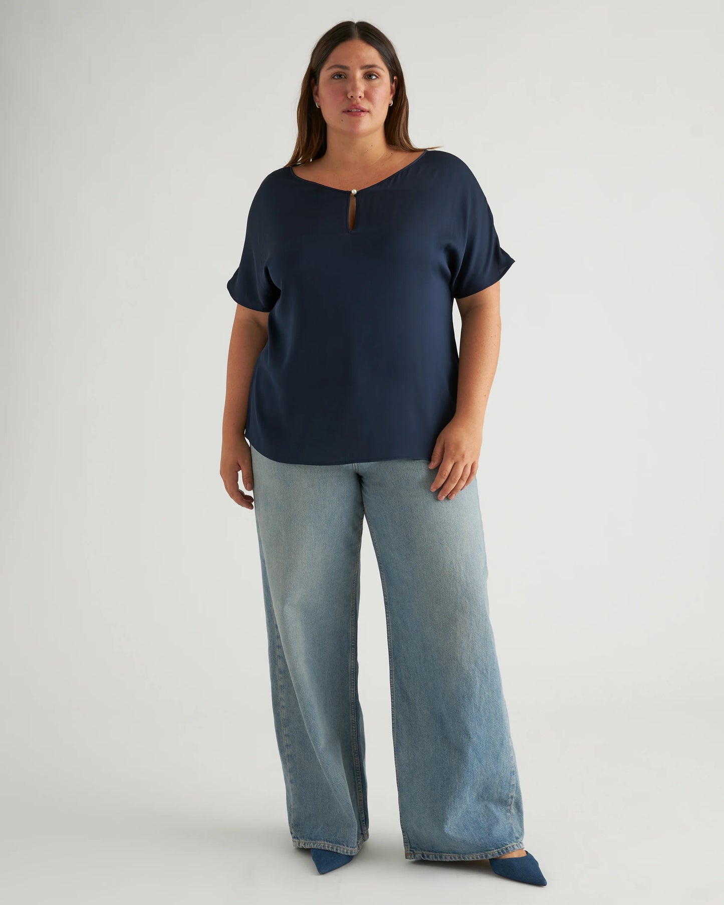 Washable Stretch Silk Reversible V-Neck Blouse - XS / Navy