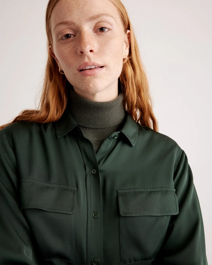 Washable Stretch Silk Utility Long Sleeve Blouse - XS / Forest Green