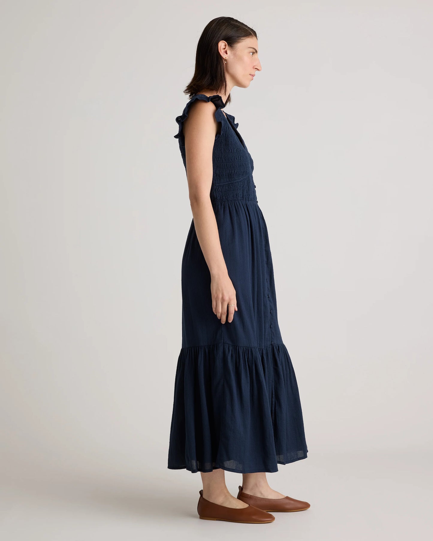 Organic Textured Cotton Smocked V-Neck Midi Dress - XS / Pale Custard Yellow