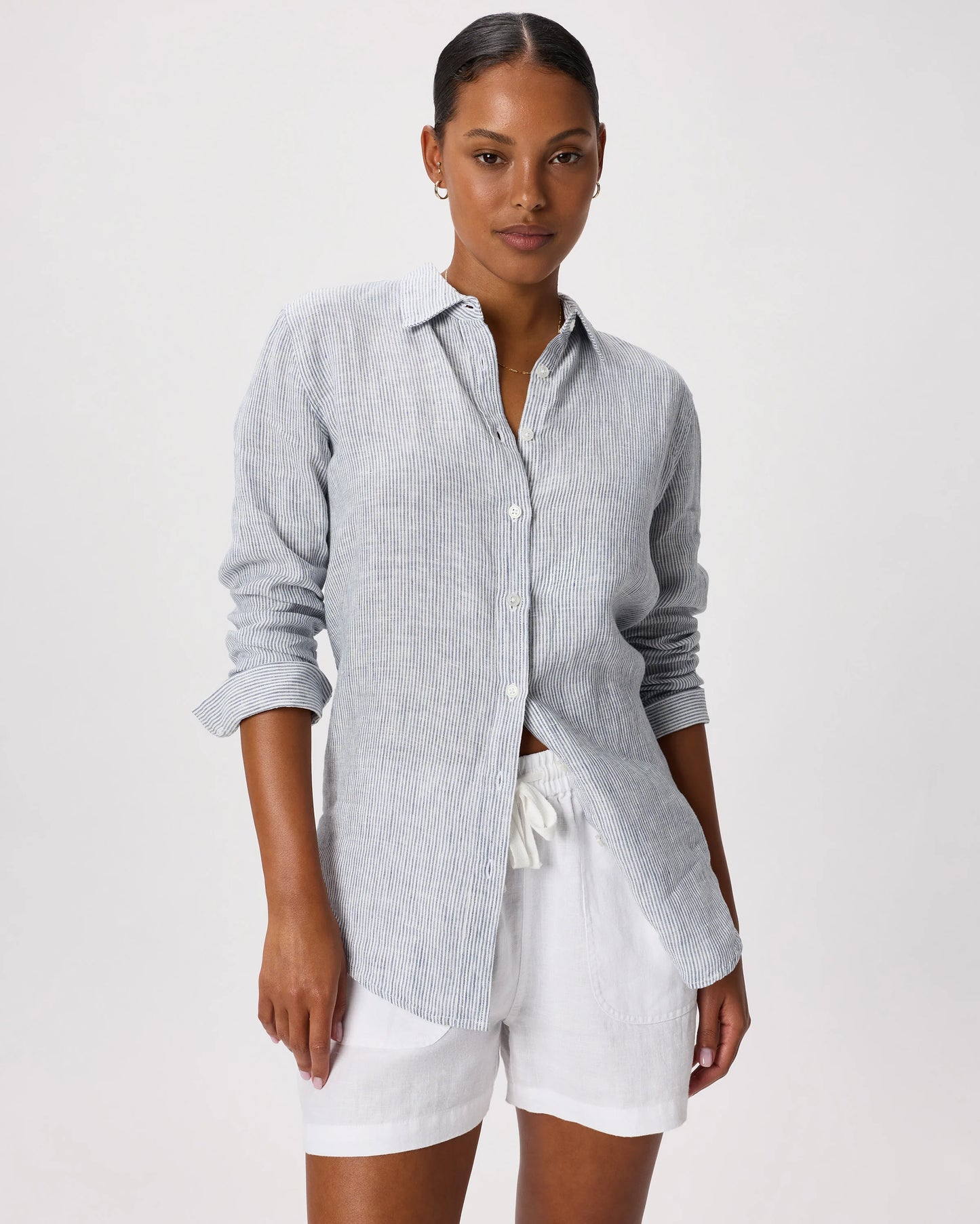 100% European Linen Long Sleeve Shirt - XS / Blue Pinstripe