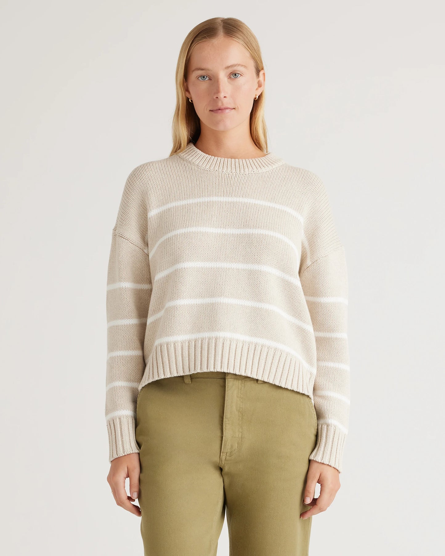100% Organic Cotton Striped Crew Sweater - XS / Heather Brown/Ivory