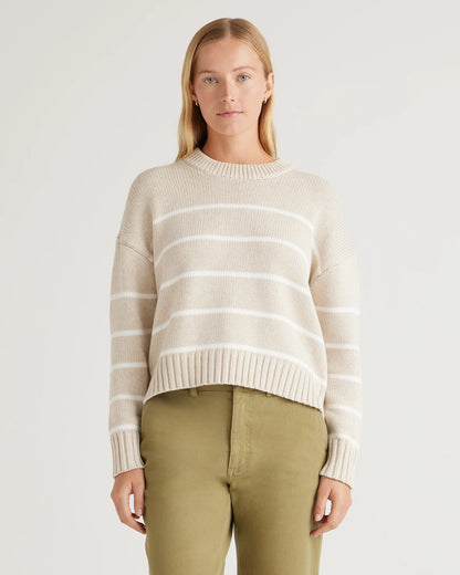 100% Organic Cotton Striped Crew Sweater - XS / Heather Brown/Ivory