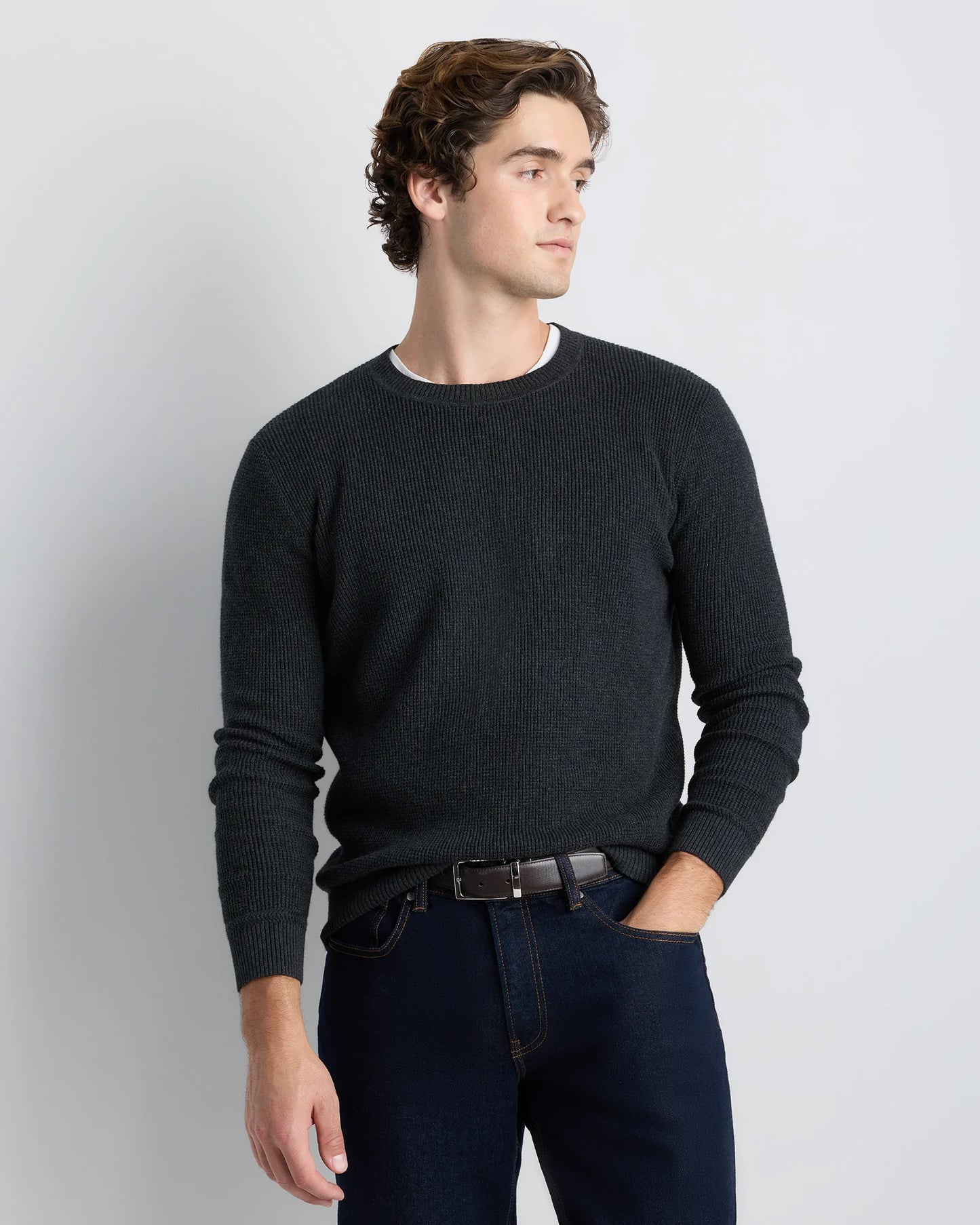 Organic Cotton Cashmere Waffle Crewneck Sweater - S / Bayberry Olive