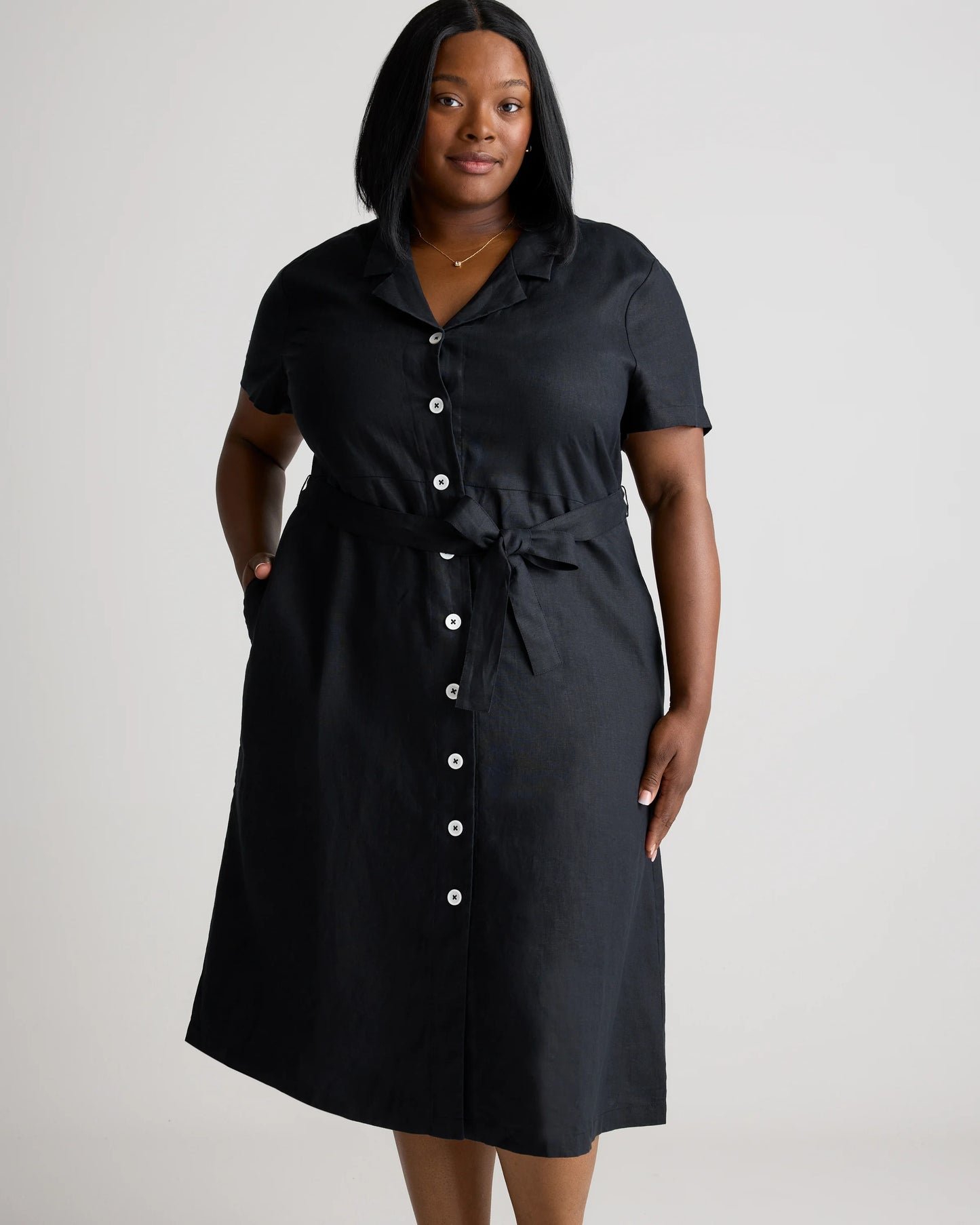 100% European Linen Button Front Dress - 1X / Blue Pinstripe