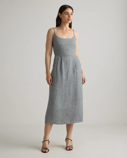100% European Linen Scoop Neck Midi Dress - XS / Ivory Porcelain Blue Petite Floral