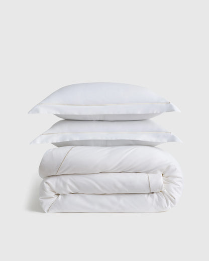 Signature Giza Cotton Sateen Embroidered Duvet Cover Set - Twin / White/Dried Sage
