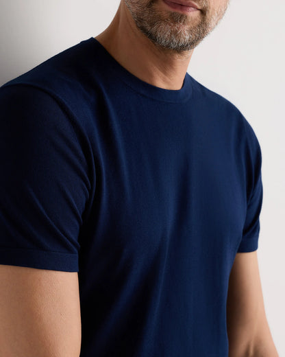 Cotton-Silk Short Sleeve Crewneck Sweater - S / Navy