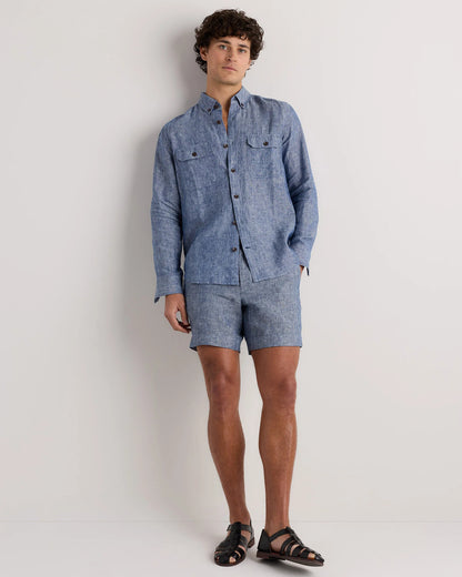 100% European Linen Utility Shirt - S / Taupe Brown Chambray