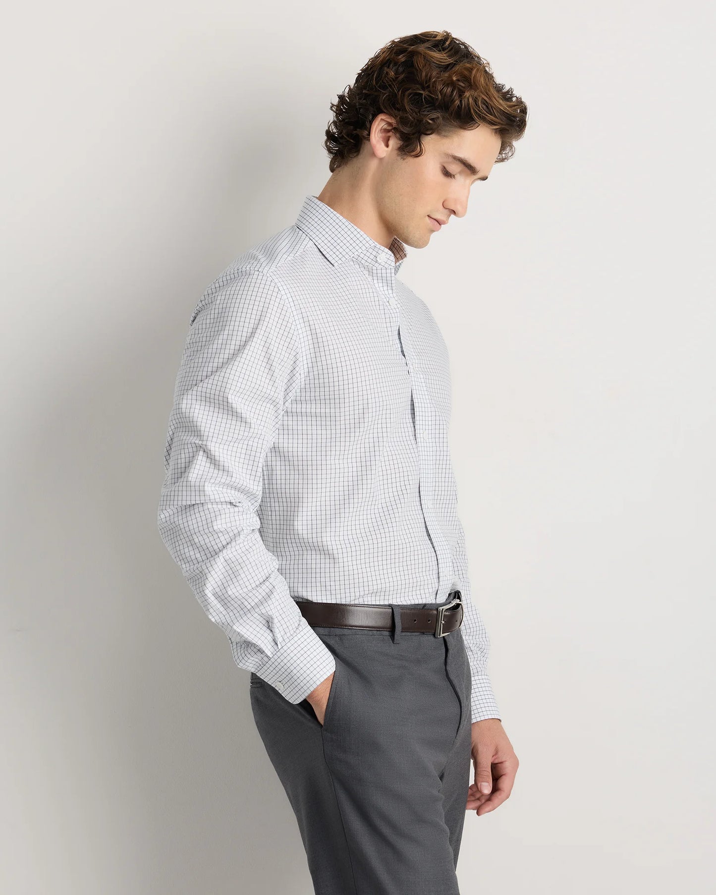 Organic Cotton Stretch Poplin Dress Shirt - S / White/Navy Minigrid