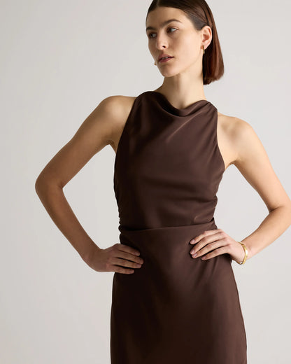 Washable Stretch Silk High Neck Midi Dress - XS / Vintage Navy Roses