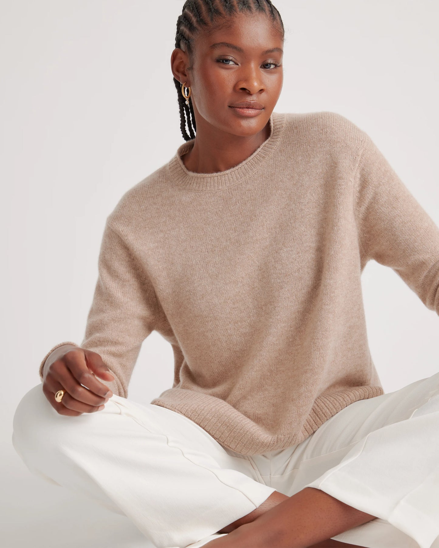 Mongolian Cashmere Boxy Crewneck Sweater - XS / Faded Denim/Brown/Ivory Variegated Stripe