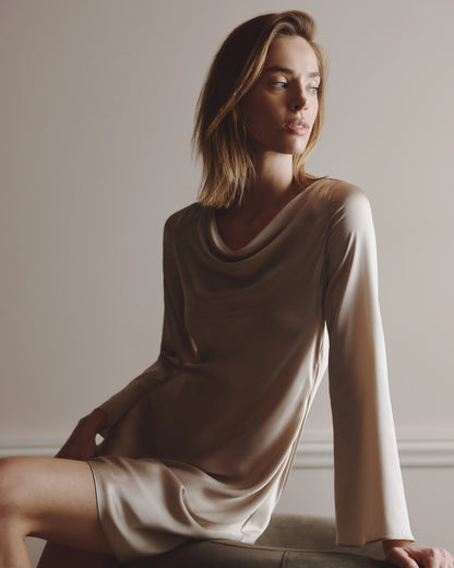 100% Washable Silk Long Sleeve Mini Dress - XS / Wine Tasting Red
