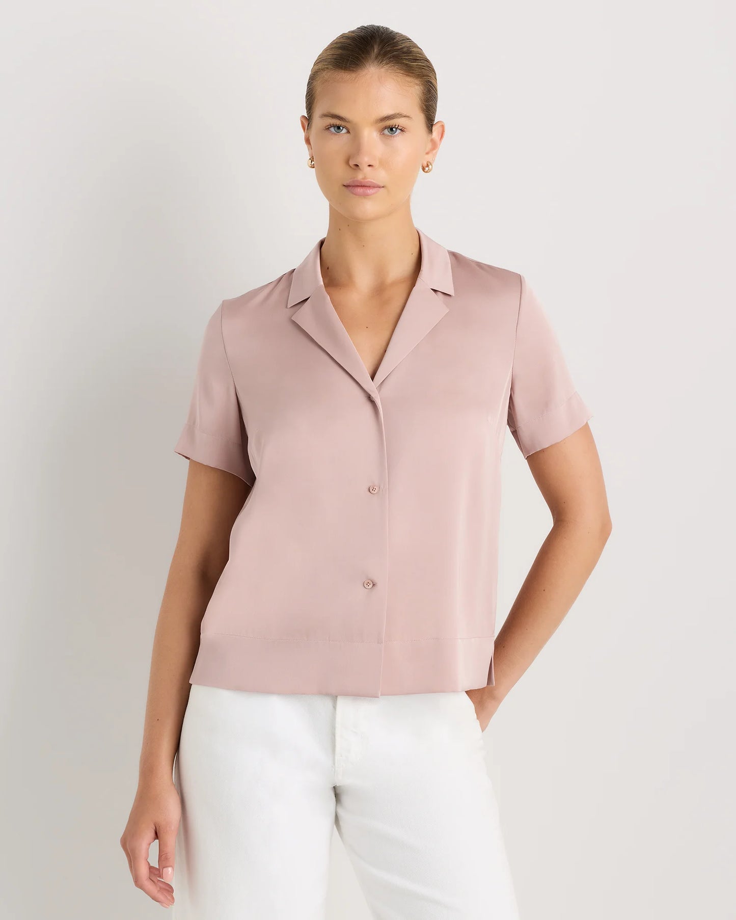 Washable Stretch Silk Short Sleeve Notch Collar Blouse - XS / Vintage Pink