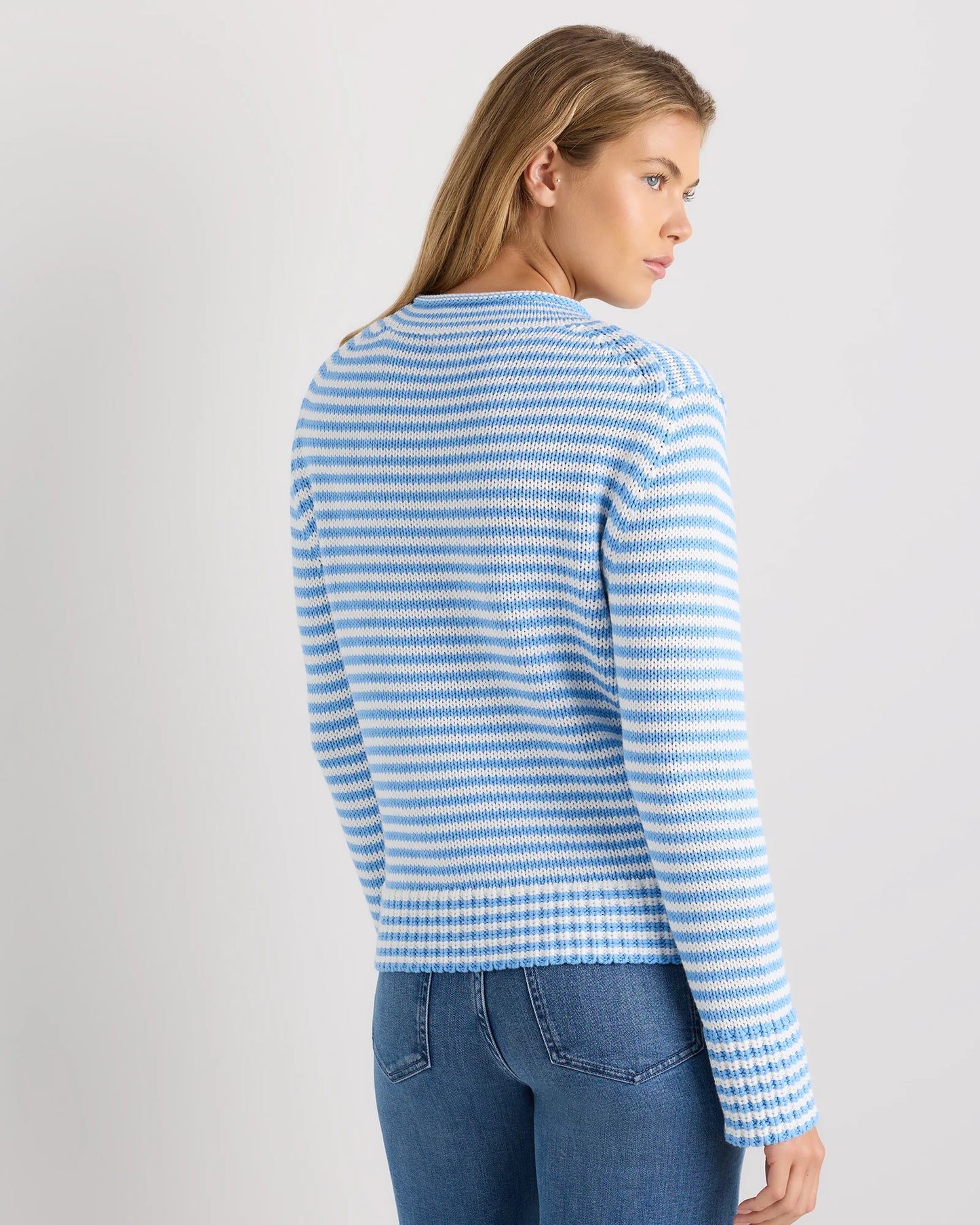 100% Organic Cotton Roll Neck Sweater - XS / Cornflower Mini Stripe