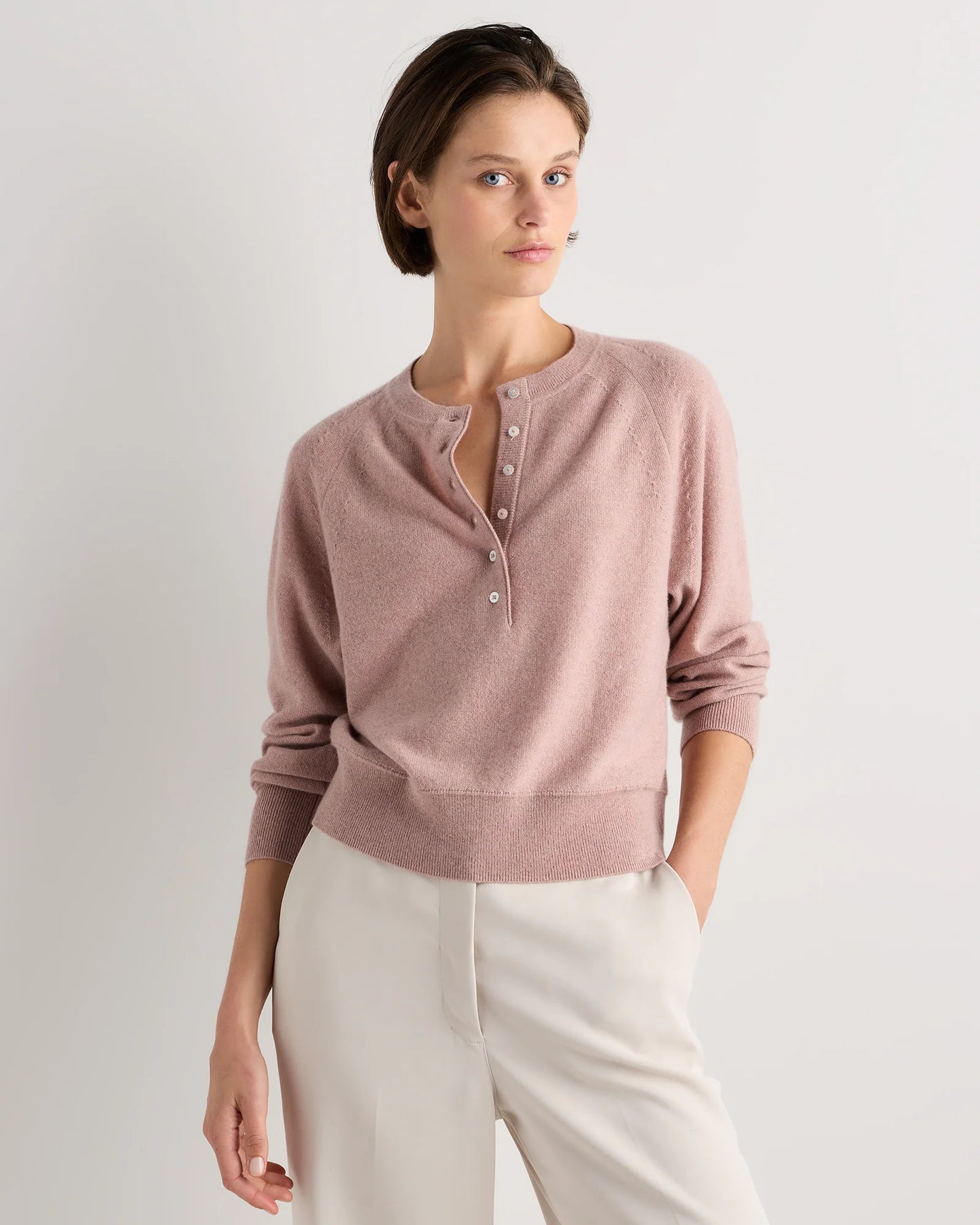 Mongolian Cashmere Dolman Sleeve Henley Sweater - XS / Oatmeal