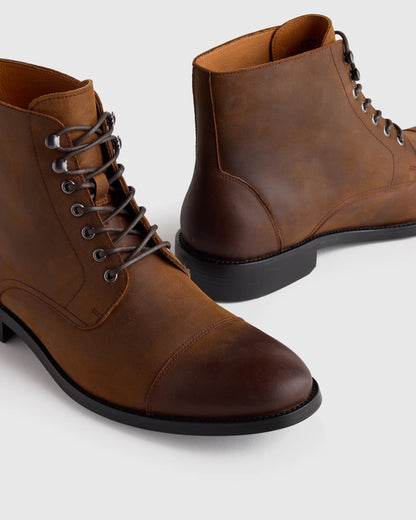 Crafted Leather Cap Toe Lace Up Boot - 7 / Matte Black