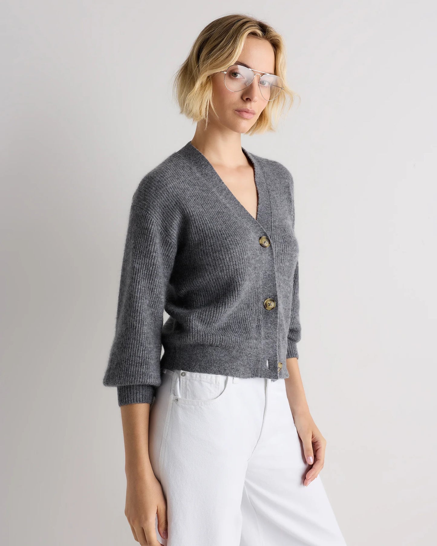 Lightweight Baby Alpaca Cropped V-Neck Cardigan - XS / Smoked Charcoal