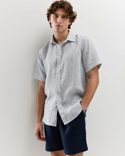 100% European Linen Relaxed Short Sleeve Shirt - XS / Taupe Brown Chambray