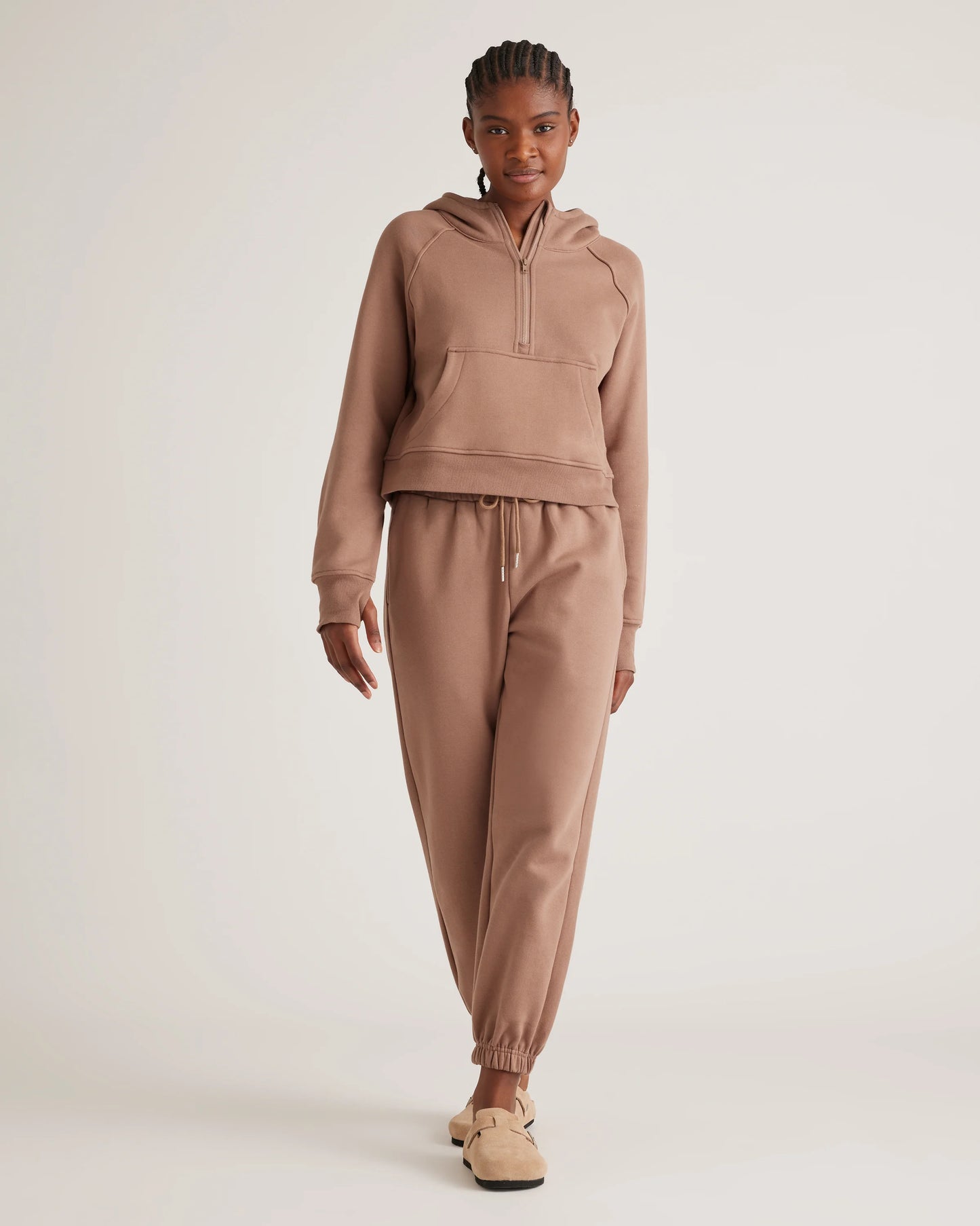 Organic Heavyweight Fleece Cropped Half Zip Hoodie - XS / Taupe