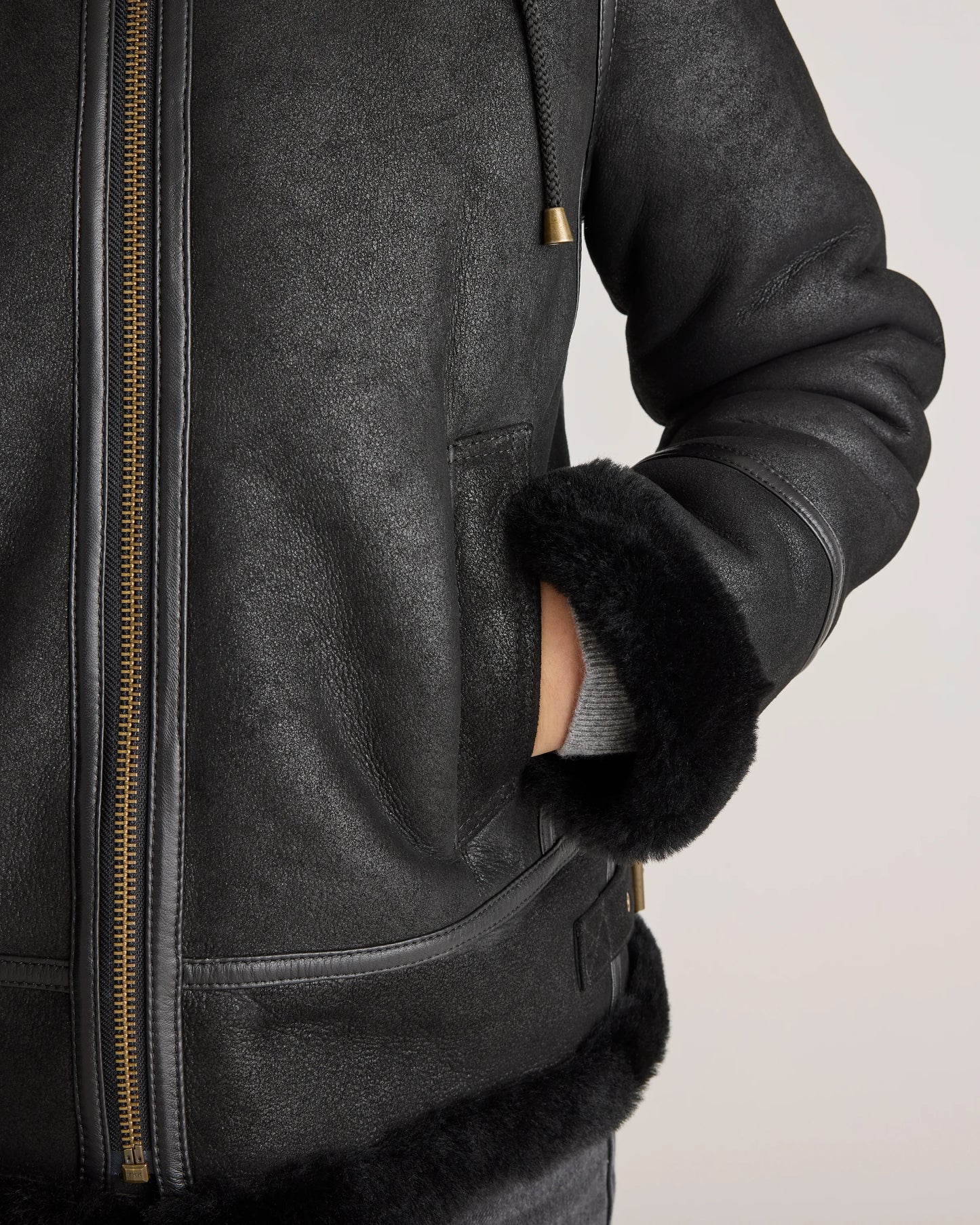 100% Shearling Cold Weather Bomber Jacket - XS / Black
