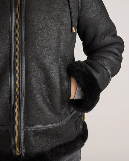 100% Shearling Cold Weather Bomber Jacket - XS / Black