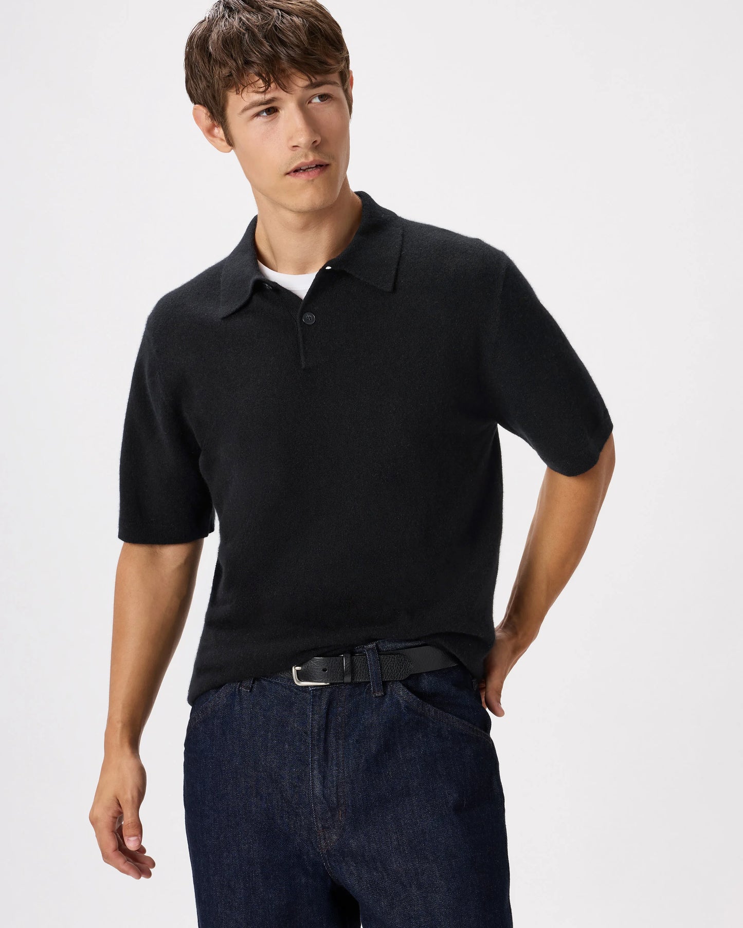100% Mongolian Cashmere Short Sleeve Polo Sweater - S / Heather Storm Blue