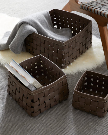 Recycled Woven Leather Baskets (set of 3) - One Size / Cognac