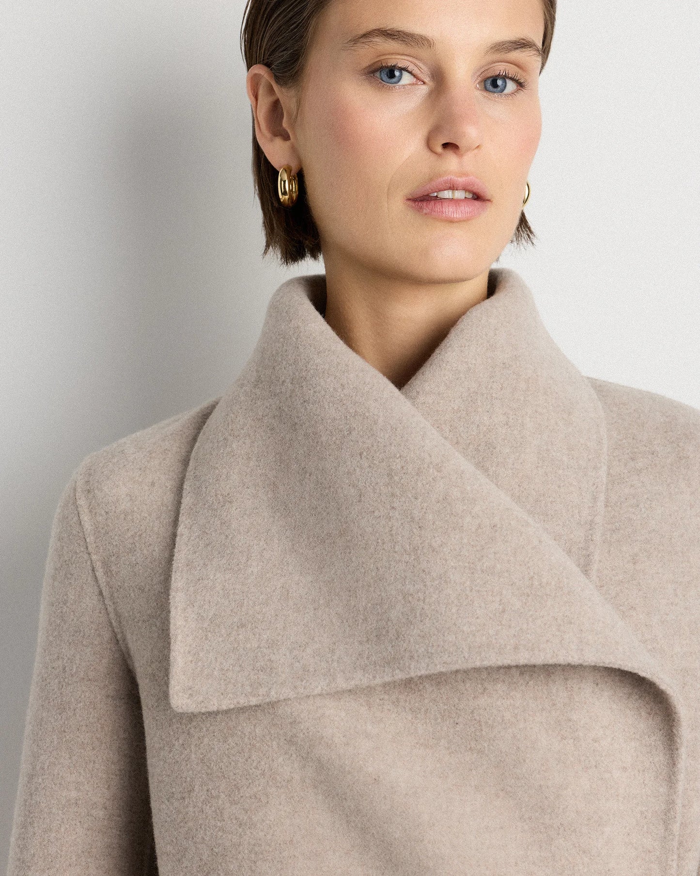 Double-Faced Merino Wool Draped Collar Short Wrap Coat - XS / Cocoa Melange