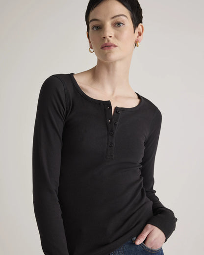 Organic Cotton Micro-Rib Henley Long Sleeve Tee - XS / Heather Oatmeal