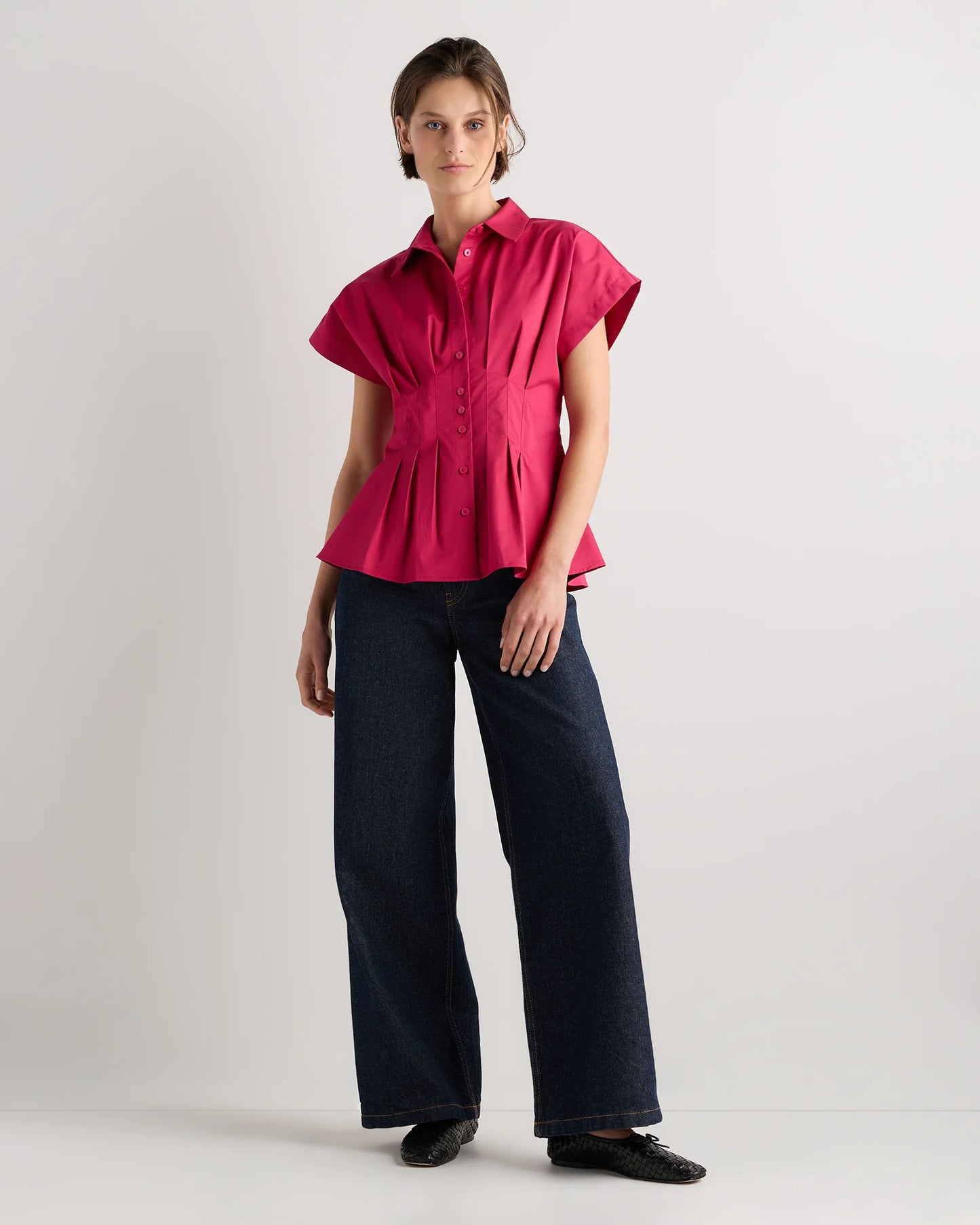Stretch Twill Pleated Short Sleeve Shirt - XS / Amaranth Pink