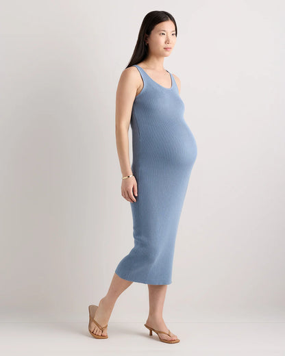 Lightweight Cotton Cashmere Maternity Fitted Midi Dress - XS / Mountain Spring Blue