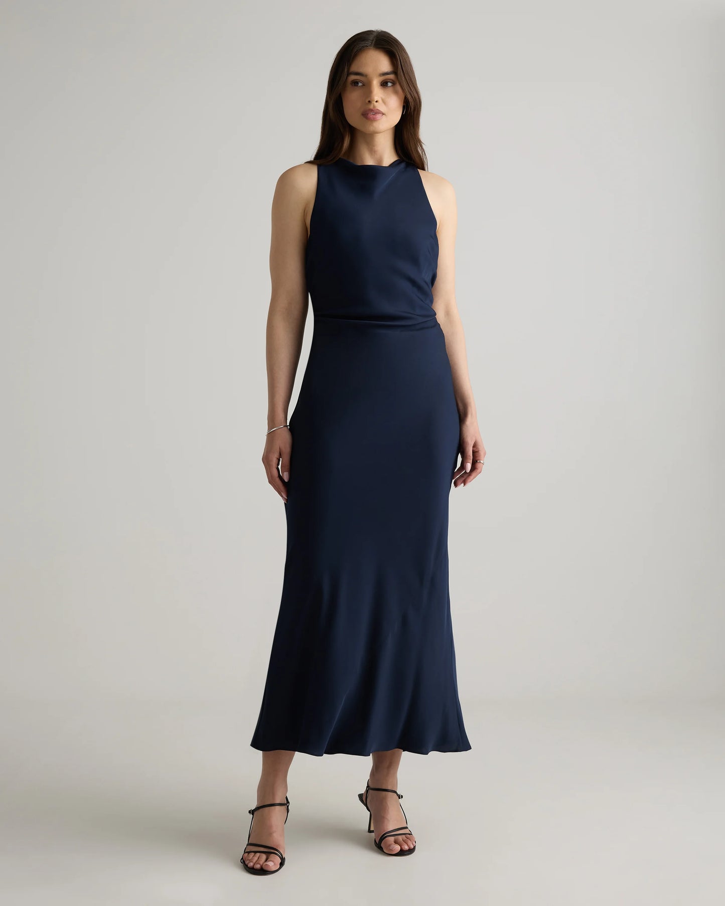 Washable Stretch Silk High Neck Midi Dress - XS / Vintage Navy Roses