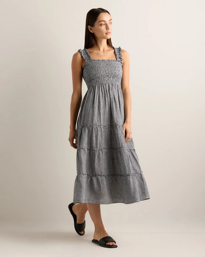 100% European Linen Smocked Midi Dress - XS / Ivory Porcelain Blue Petite Floral