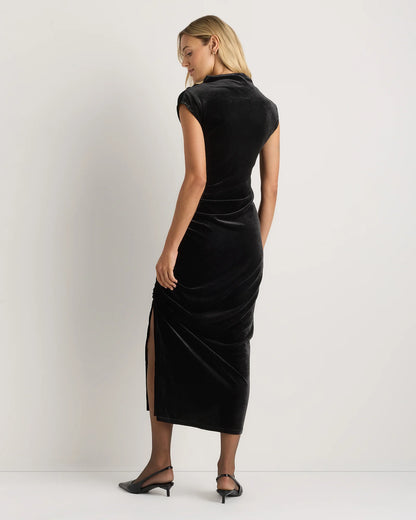 Stretch Silk Velvet Ruched Midi Dress - 0 / Black
