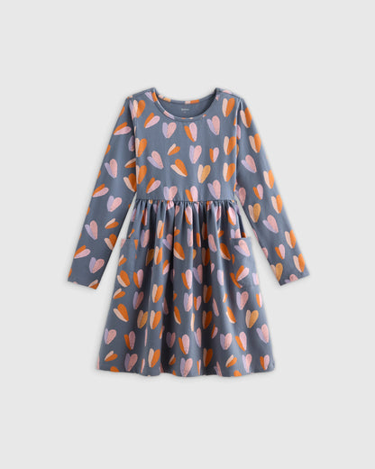 Organic Cotton Long Sleeve Fit and Flare Pocket Dress - 2T / Purple Poppy Garden