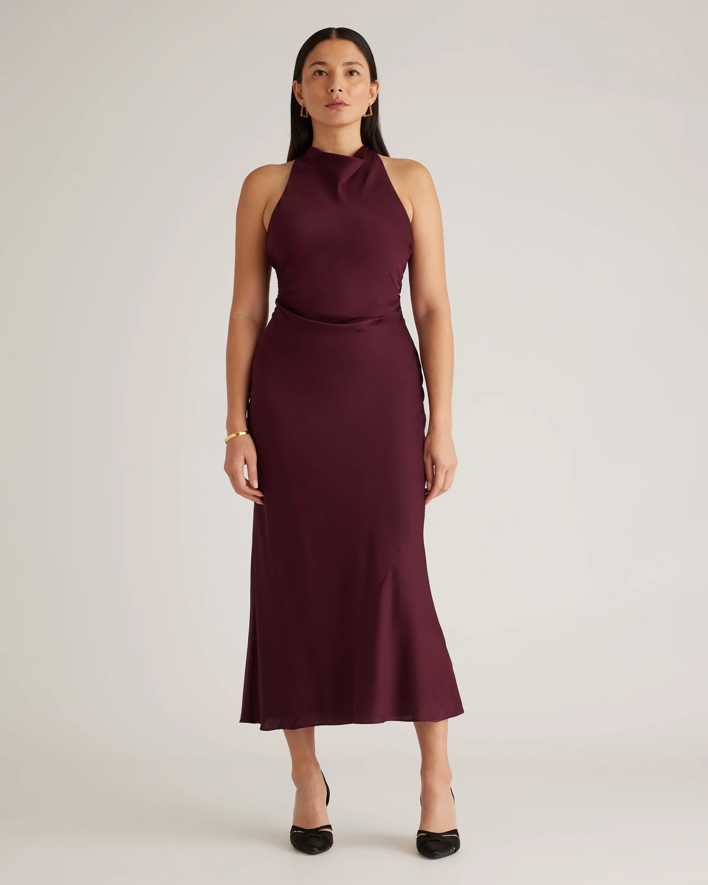 Washable Stretch Silk High Neck Midi Dress - XS / Vintage Navy Roses