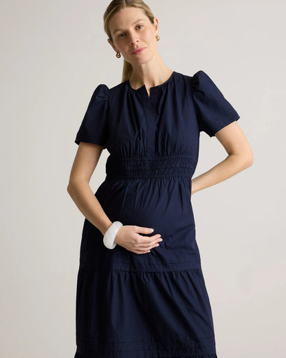 100% Organic Cotton Poplin Maternity Tiered Maxi Dress - XS / Riviera Blue Heirloom Floral