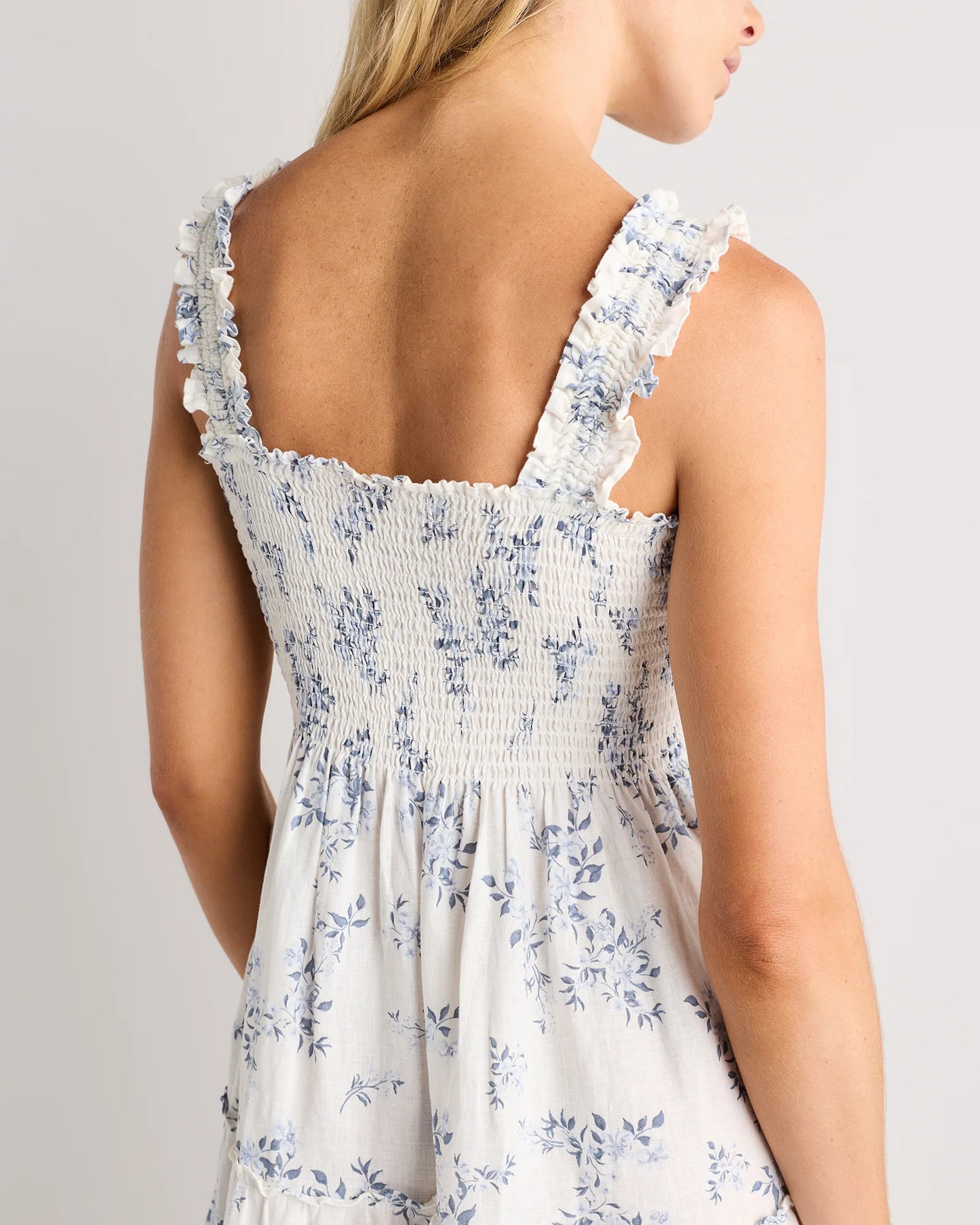 100% European Linen Smocked Midi Dress - XS / Ivory Porcelain Blue Petite Floral